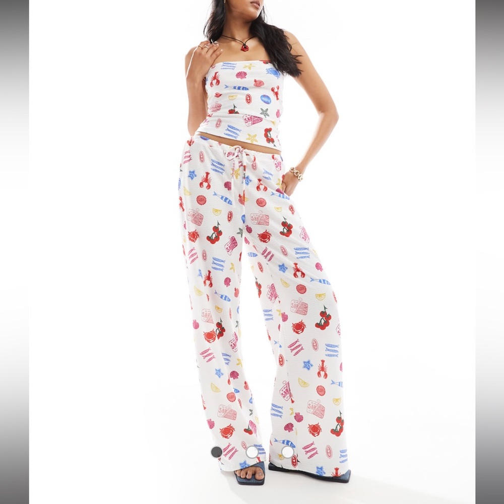 ASOS DESIGN textured wide leg pants & tube top set in summer food print